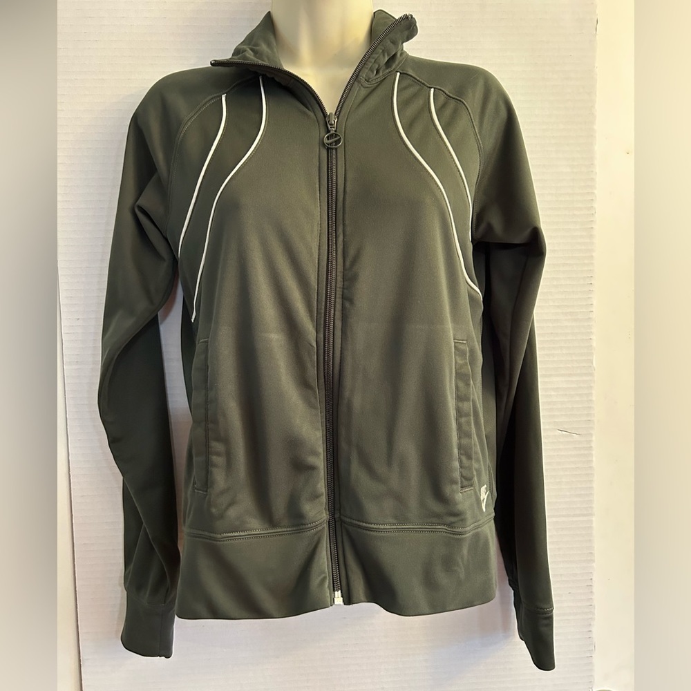 Nike‎ sports wear track zipper jacket in olive green & white trim. Sz Small. G14
